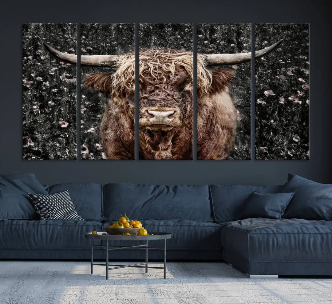 The Scottish Highland Cow Cattle Art Print, featuring a majestic cow with long horns and shaggy fur, is gallery wrapped on canvas for a refined finish.