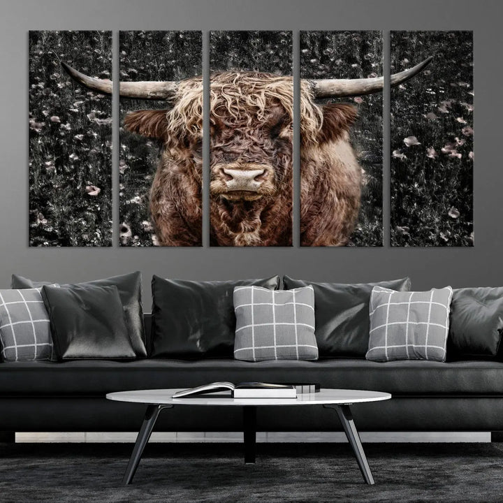 The Scottish Highland Cow Cattle Art Print, featuring a majestic cow with long horns and shaggy fur, is gallery wrapped on canvas for a refined finish.