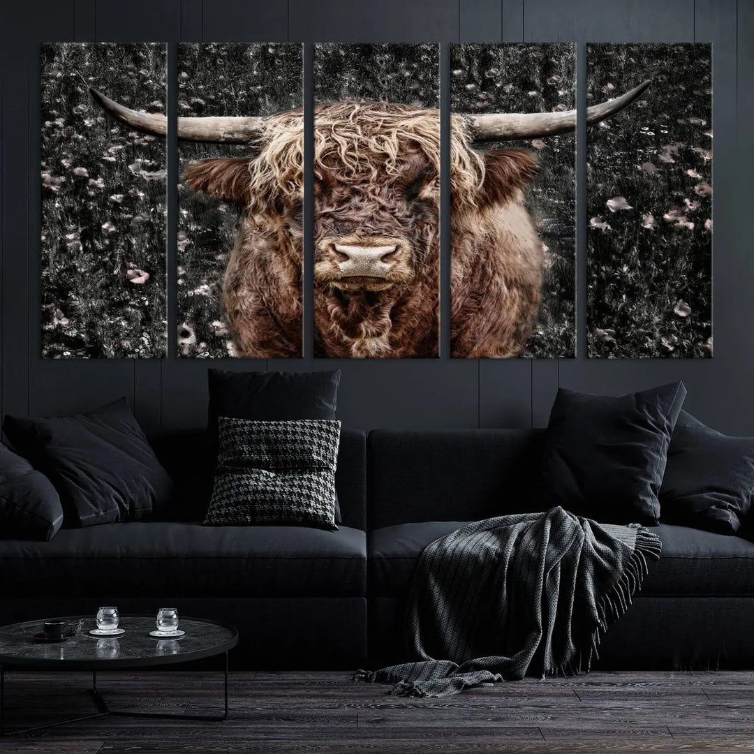 The Scottish Highland Cow Cattle Art Print, featuring a majestic cow with long horns and shaggy fur, is gallery wrapped on canvas for a refined finish.