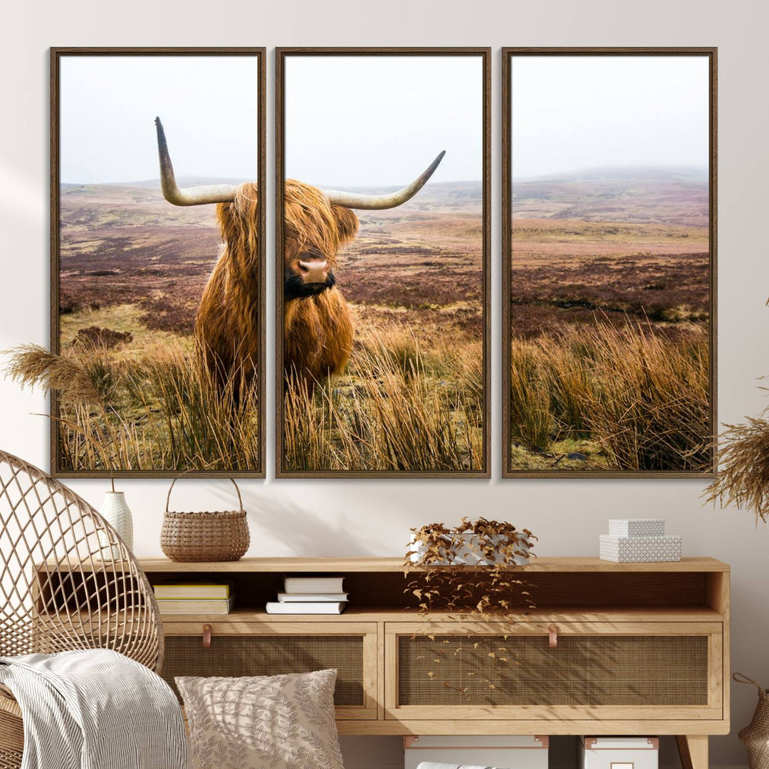 79391-MGV-FC-48X32-3P_Walnut-Scottish Highland Cow Cattle Art Print Farmhouse Wall Art Canvas Print