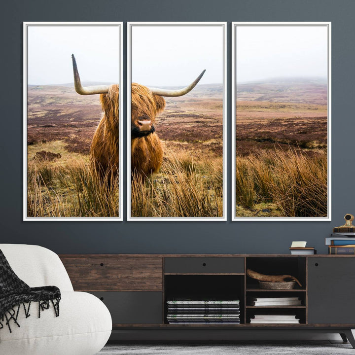 79391-MGV-FC-48X32-3P_White-Scottish Highland Cow Cattle Art Print Farmhouse Wall Art Canvas Print