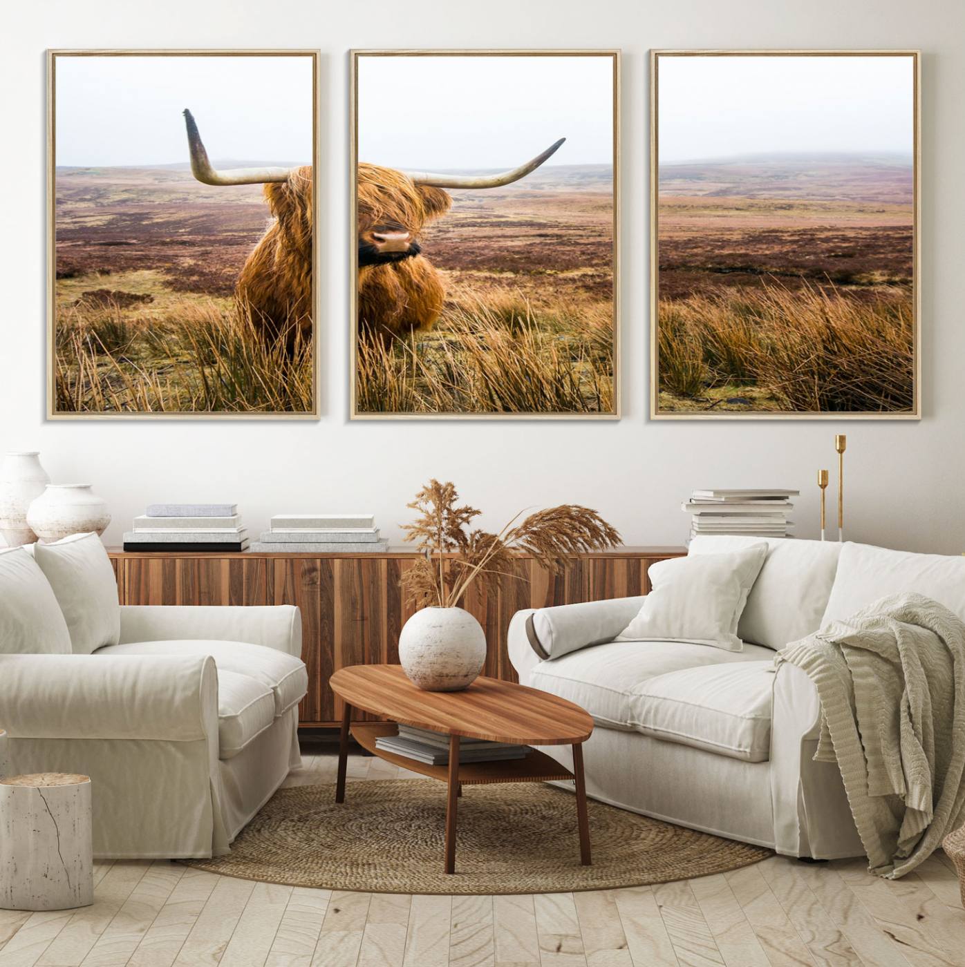79391-MGV-FC-60X30-3P_Natural-Scottish Highland Cow Cattle Art Print Farmhouse Wall Art Canvas Print