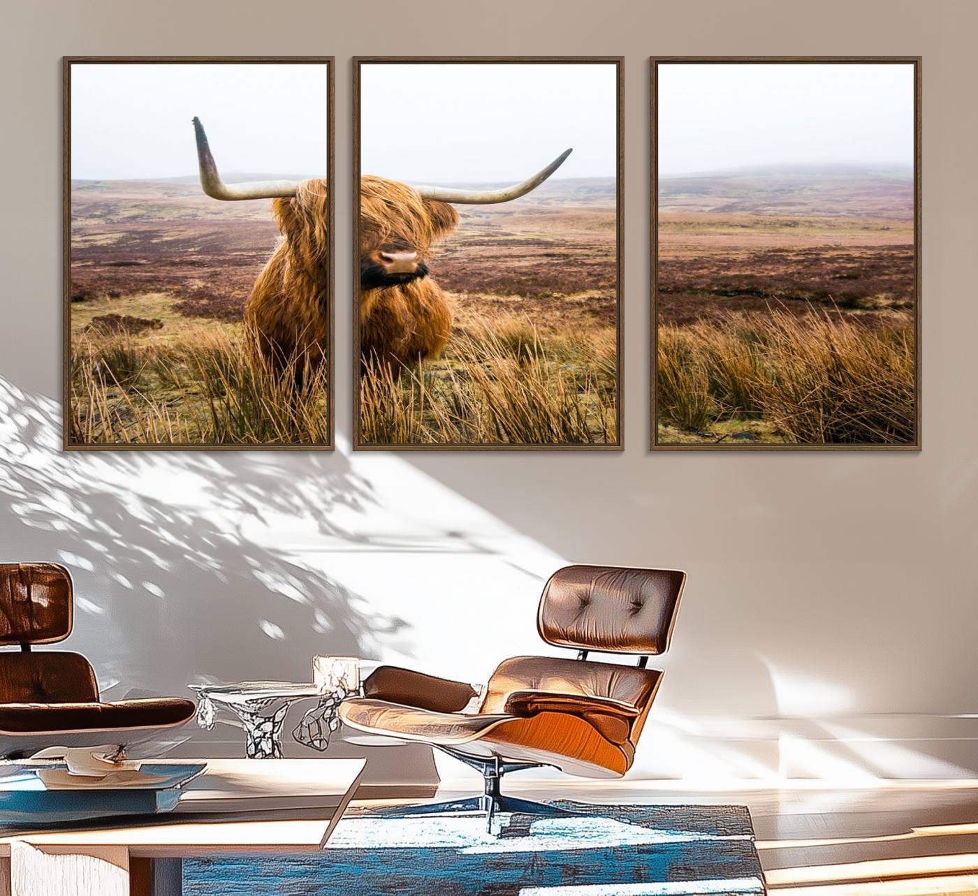 79391-MGV-FC-60X30-3P_Walnut-Scottish Highland Cow Cattle Art Print Farmhouse Wall Art Canvas Print