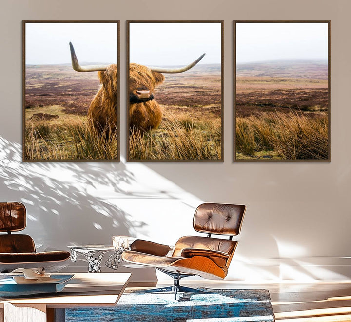 79391-MGV-FC-60X30-3P_Walnut-Scottish Highland Cow Cattle Art Print Farmhouse Wall Art Canvas Print