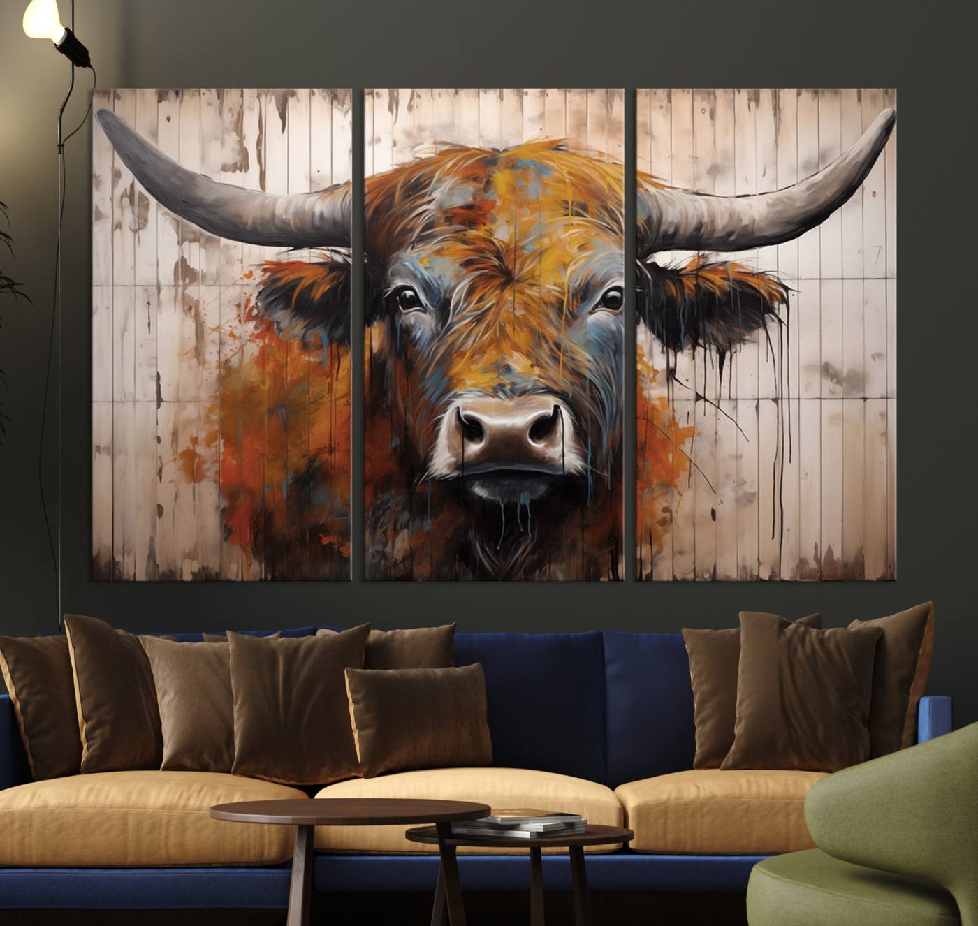 47284-MGV-CV-36X24-Scottish Highland Cow Cattle Art Print on Wood Style Background