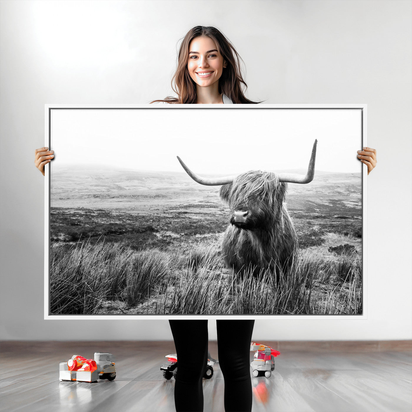 80826-MGV-CV-36X24-Scottish Highland Cow Wall Art | Black and White Canvas Print | Ready to Hang and Framed | Rustic Farmhouse Wall Decor for Living Room or