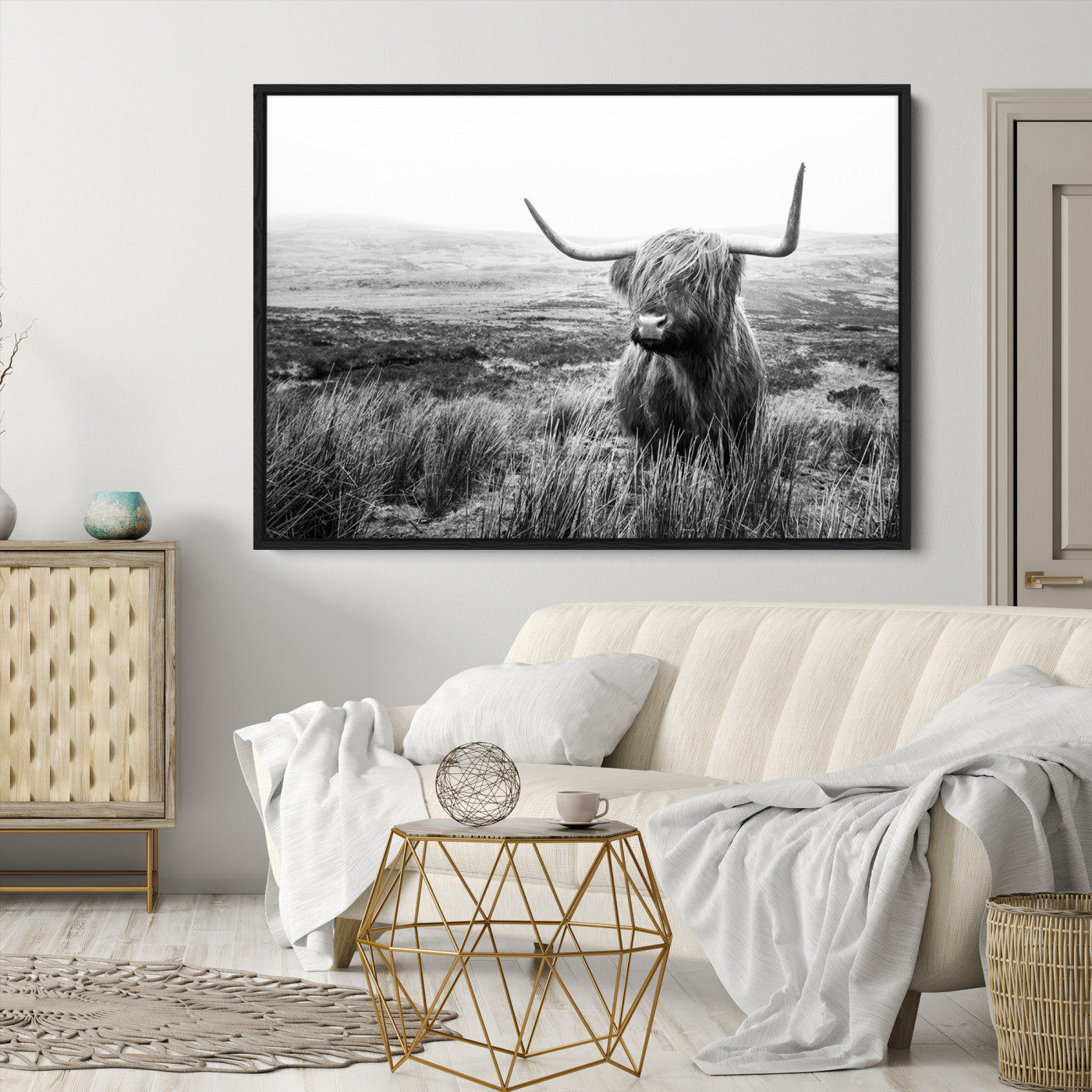 80826-MGV-CV-36X24-Scottish Highland Cow Wall Art | Black and White Canvas Print | Ready to Hang and Framed | Rustic Farmhouse Wall Decor for Living Room or