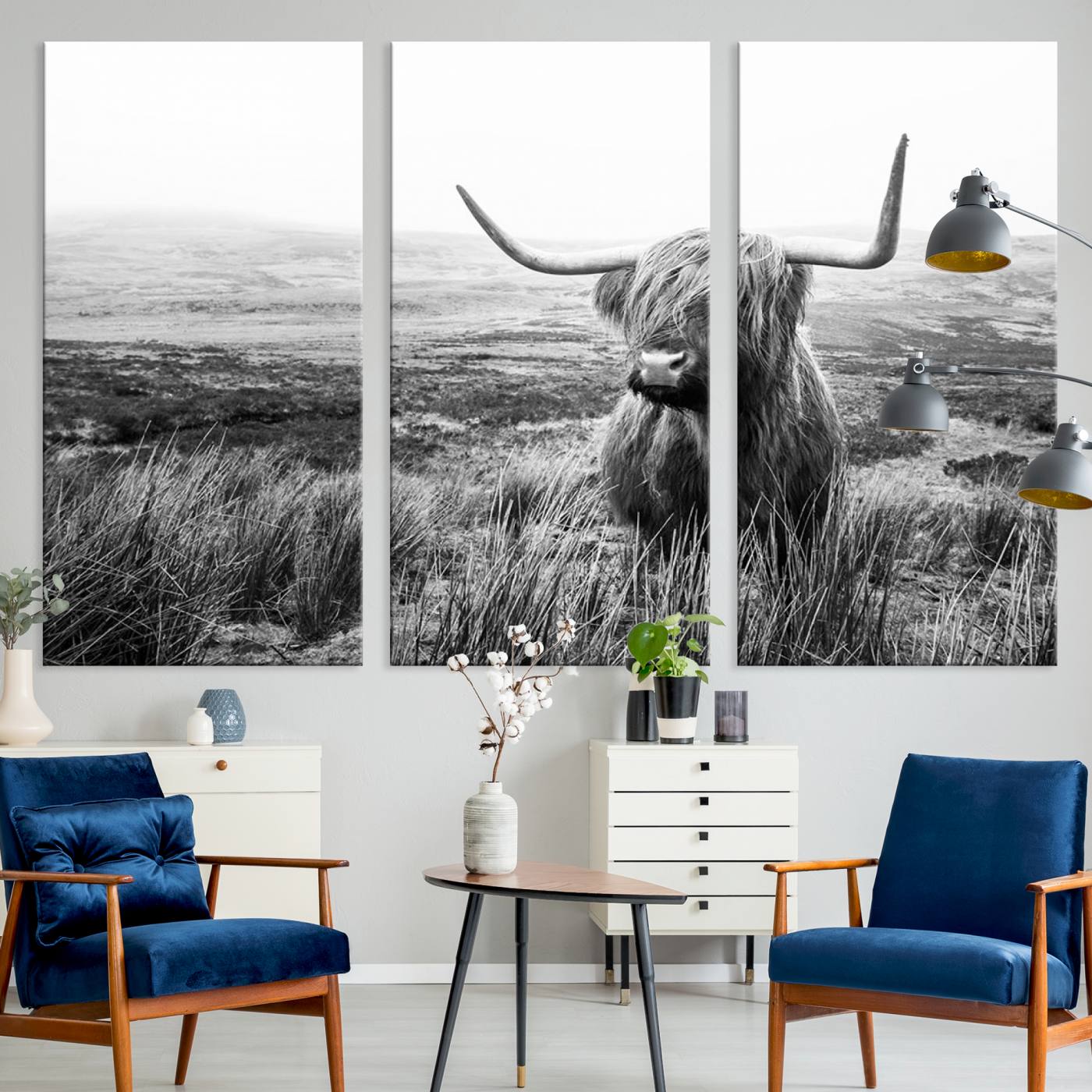 80826-MGV-CV-36X24-Scottish Highland Cow Wall Art | Black and White Canvas Print | Ready to Hang and Framed | Rustic Farmhouse Wall Decor for Living Room or