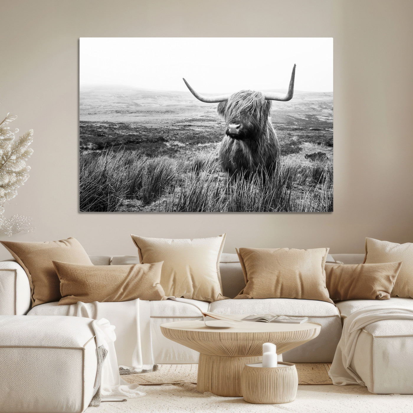 80826-MGV-CV-36X24-Scottish Highland Cow Wall Art | Black and White Canvas Print | Ready to Hang and Framed | Rustic Farmhouse Wall Decor for Living Room or