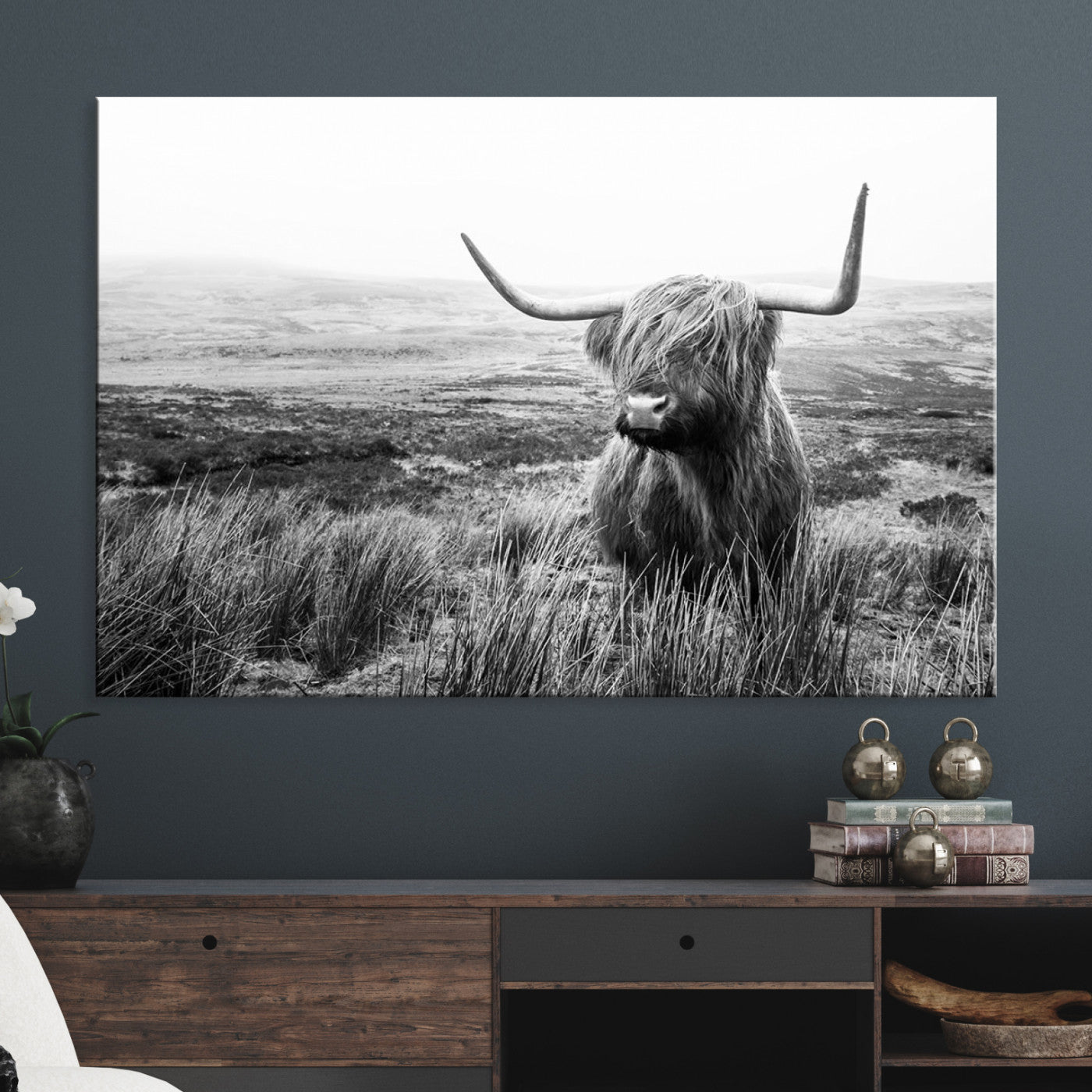 80826-MGV-CV-36X24-Scottish Highland Cow Wall Art | Black and White Canvas Print | Ready to Hang and Framed | Rustic Farmhouse Wall Decor for Living Room or