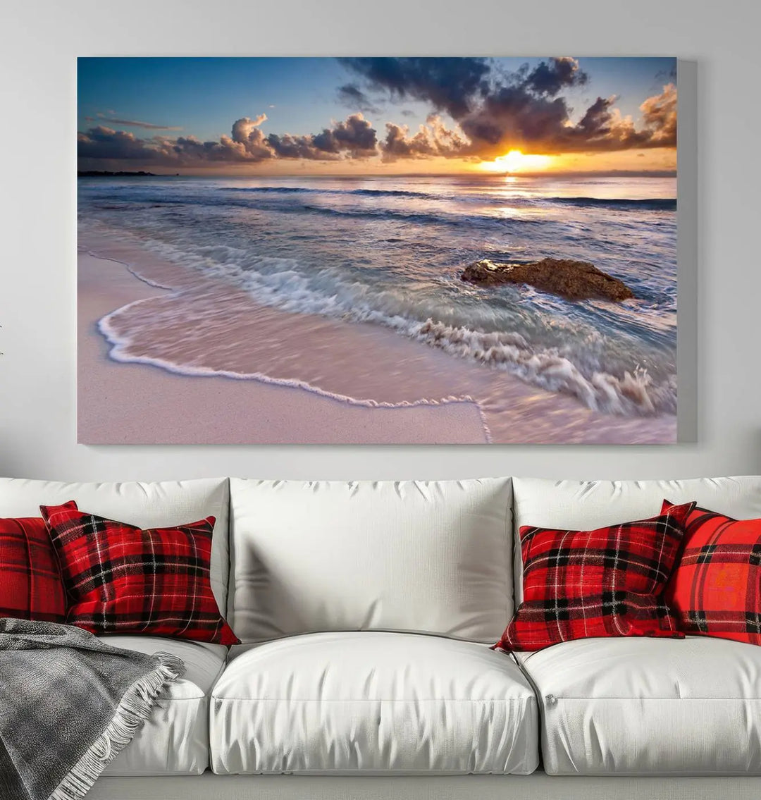 The modern living room is highlighted by a Sea Ocean Sunset Beach Wall Art Canvas Print on the wall, adding a serene coastal touch to the space.