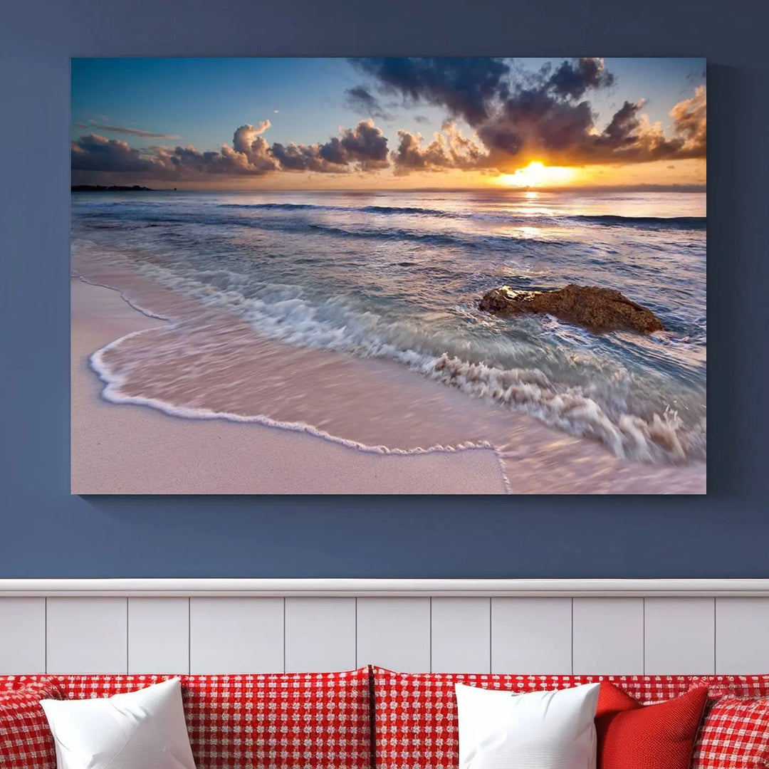 The modern living room is highlighted by a Sea Ocean Sunset Beach Wall Art Canvas Print on the wall, adding a serene coastal touch to the space.