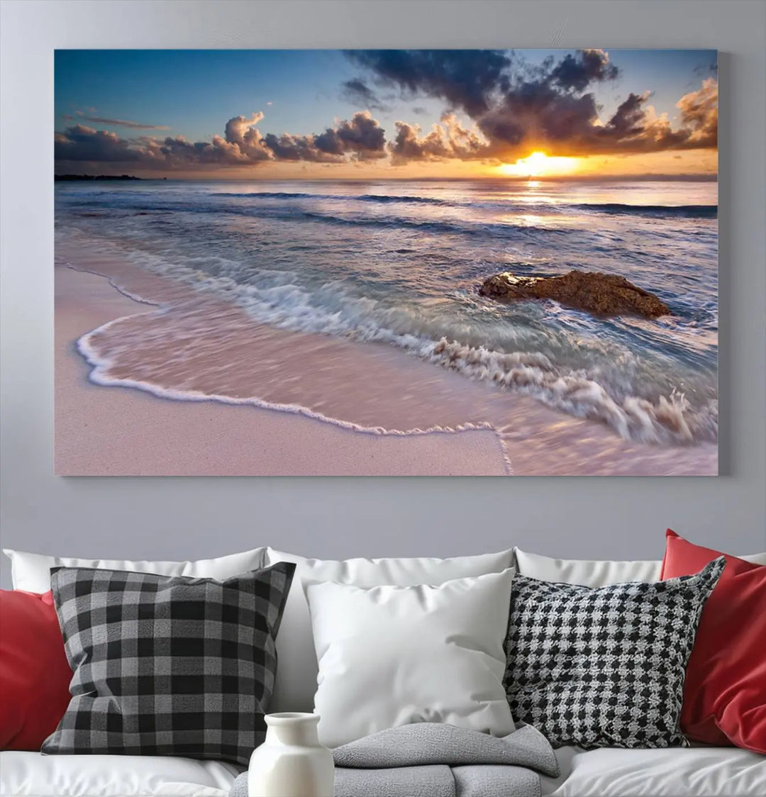 The modern living room is highlighted by a Sea Ocean Sunset Beach Wall Art Canvas Print on the wall, adding a serene coastal touch to the space.