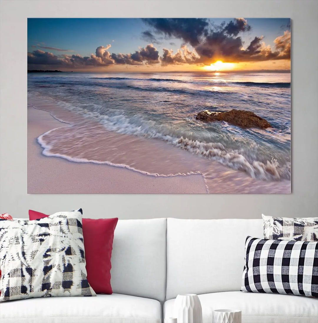 The modern living room is highlighted by a Sea Ocean Sunset Beach Wall Art Canvas Print on the wall, adding a serene coastal touch to the space.