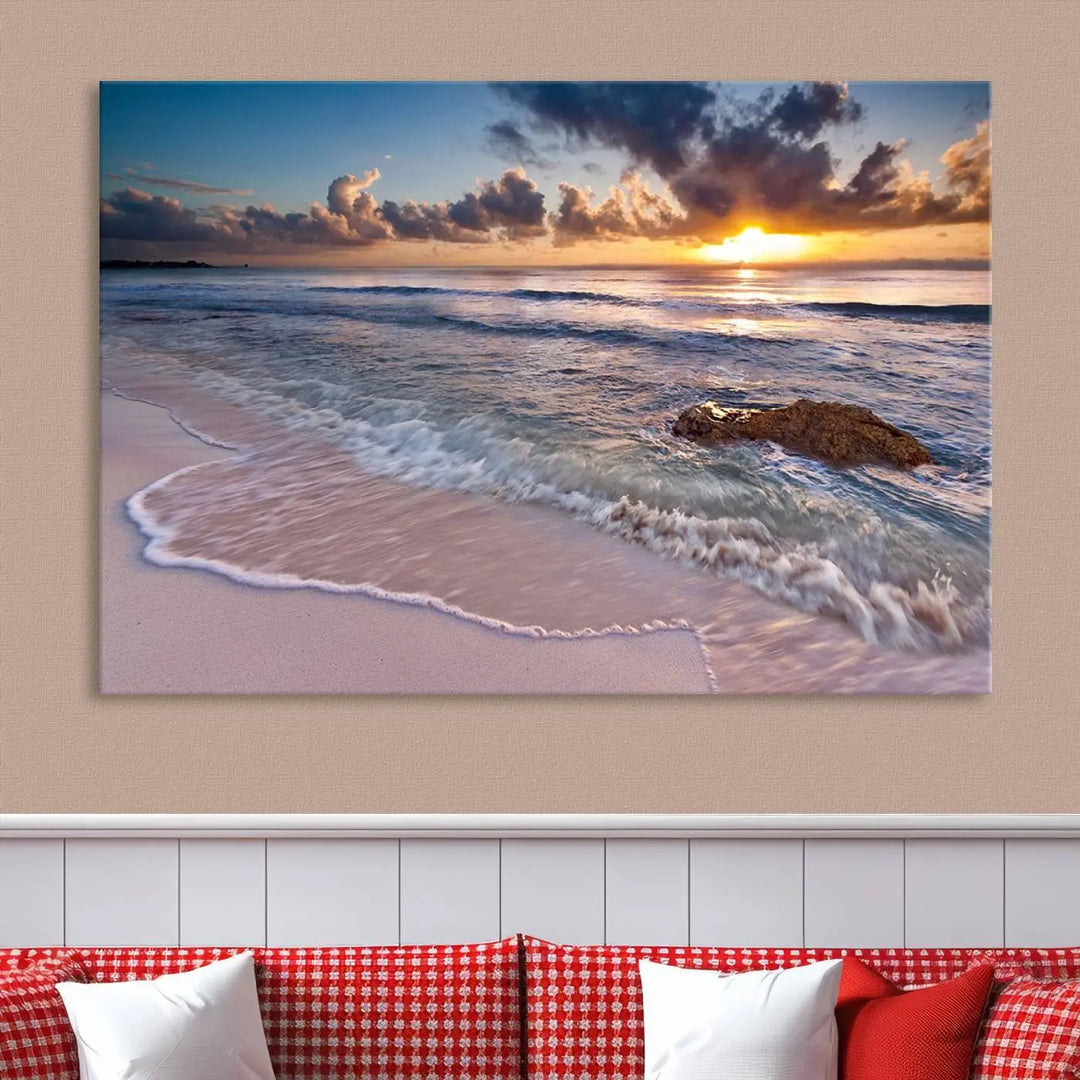 The modern living room is highlighted by a Sea Ocean Sunset Beach Wall Art Canvas Print on the wall, adding a serene coastal touch to the space.