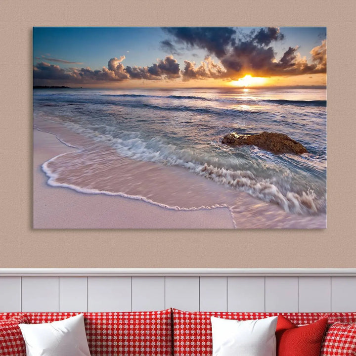 The modern living room is highlighted by a Sea Ocean Sunset Beach Wall Art Canvas Print on the wall, adding a serene coastal touch to the space.