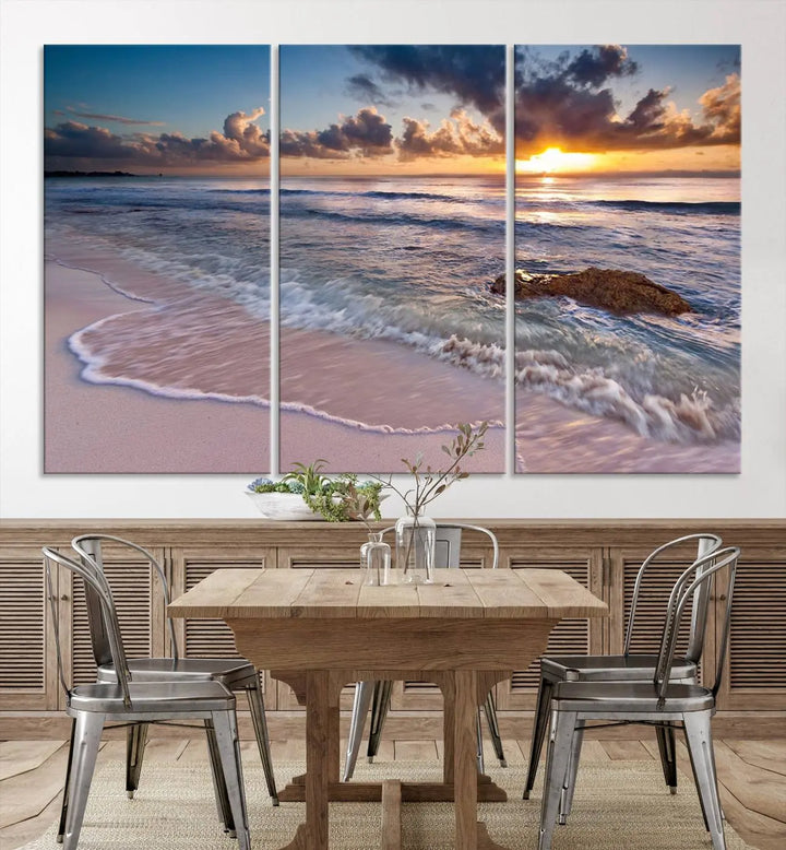 The modern living room is highlighted by a Sea Ocean Sunset Beach Wall Art Canvas Print on the wall, adding a serene coastal touch to the space.