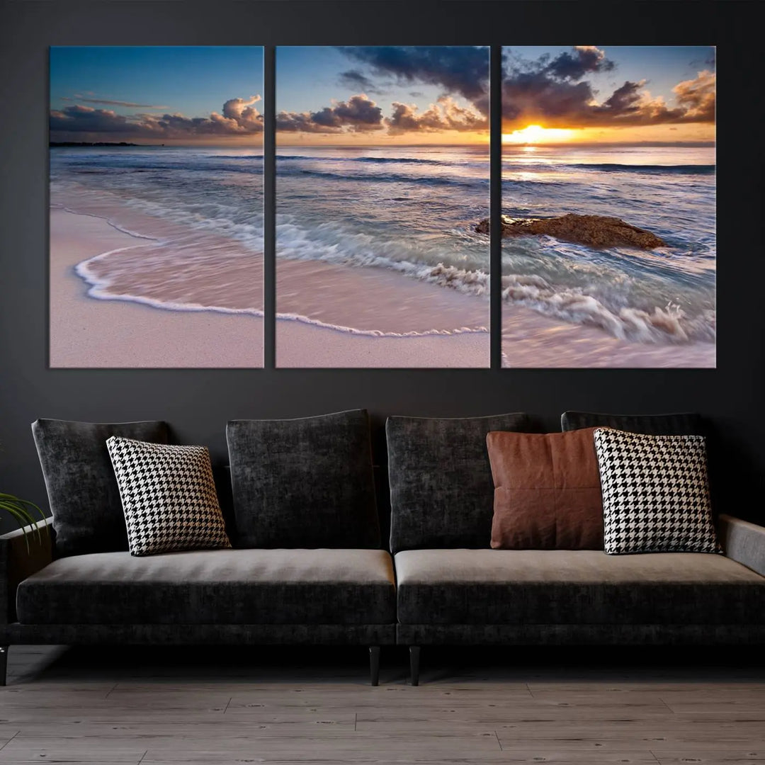 The modern living room is highlighted by a Sea Ocean Sunset Beach Wall Art Canvas Print on the wall, adding a serene coastal touch to the space.