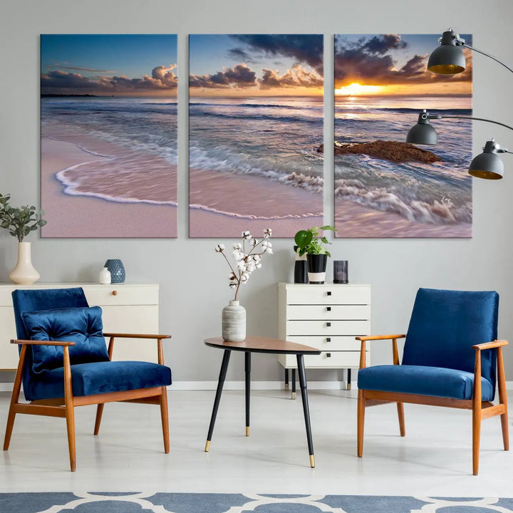 The modern living room is highlighted by a Sea Ocean Sunset Beach Wall Art Canvas Print on the wall, adding a serene coastal touch to the space.