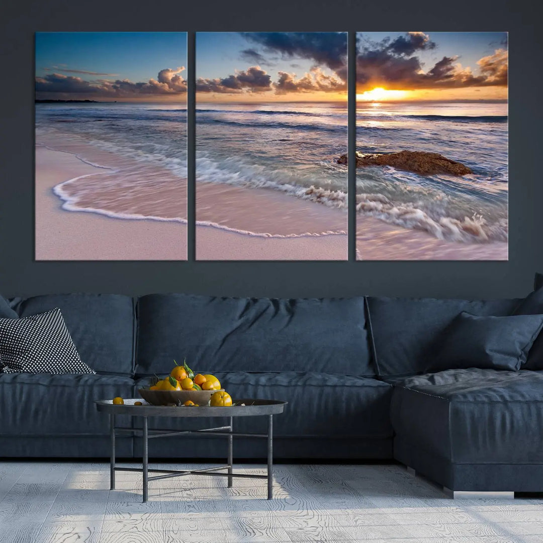 The modern living room is highlighted by a Sea Ocean Sunset Beach Wall Art Canvas Print on the wall, adding a serene coastal touch to the space.