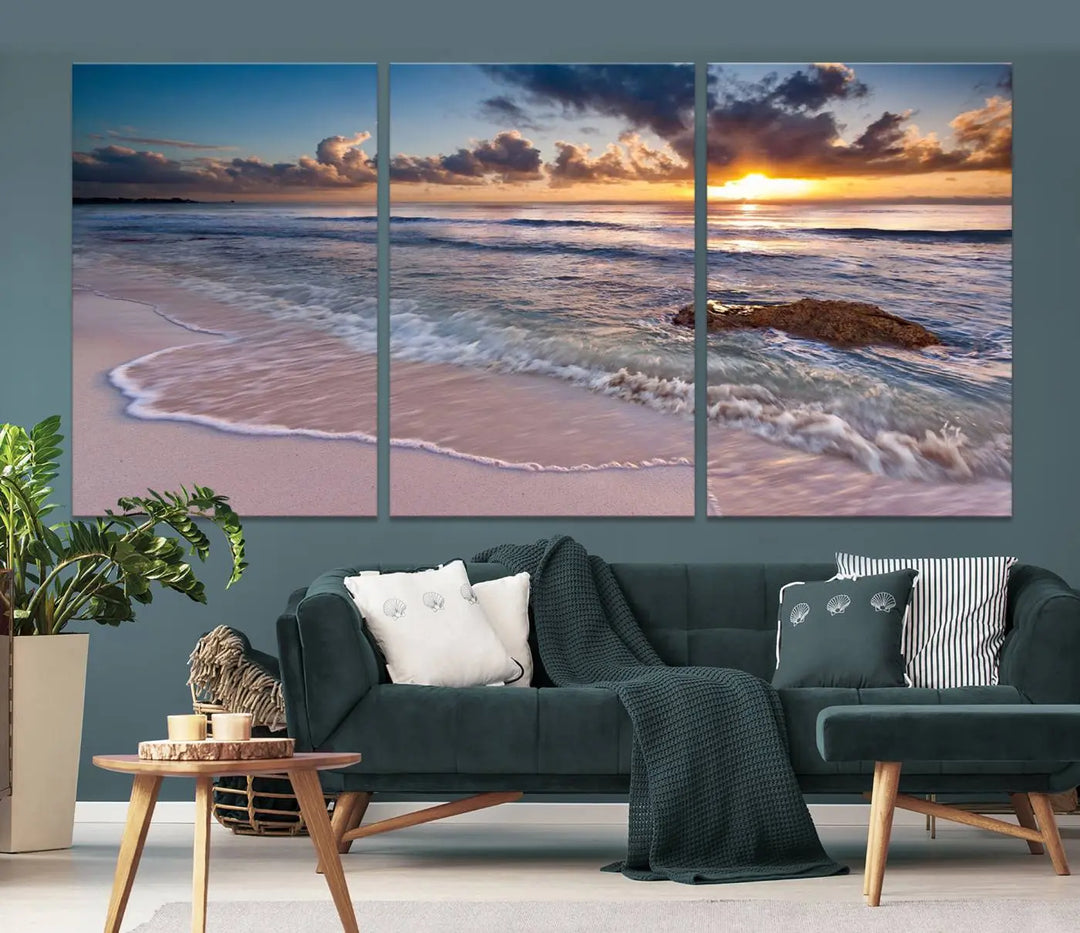 The modern living room is highlighted by a Sea Ocean Sunset Beach Wall Art Canvas Print on the wall, adding a serene coastal touch to the space.