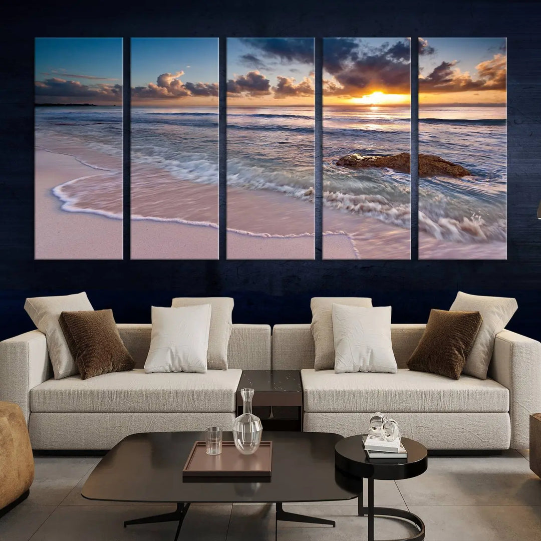 The modern living room is highlighted by a Sea Ocean Sunset Beach Wall Art Canvas Print on the wall, adding a serene coastal touch to the space.