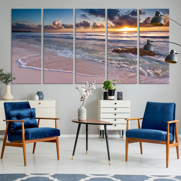 The modern living room is highlighted by a Sea Ocean Sunset Beach Wall Art Canvas Print on the wall, adding a serene coastal touch to the space.