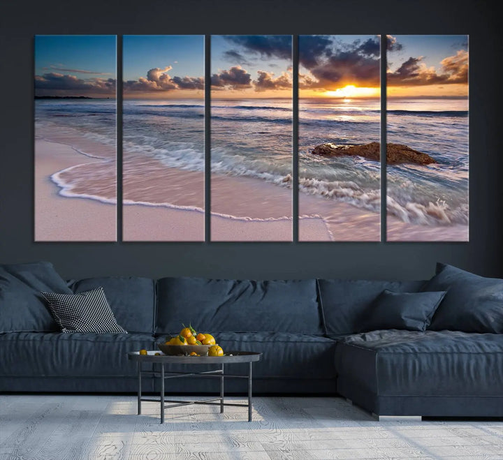 The modern living room is highlighted by a Sea Ocean Sunset Beach Wall Art Canvas Print on the wall, adding a serene coastal touch to the space.