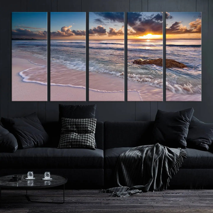 The modern living room is highlighted by a Sea Ocean Sunset Beach Wall Art Canvas Print on the wall, adding a serene coastal touch to the space.