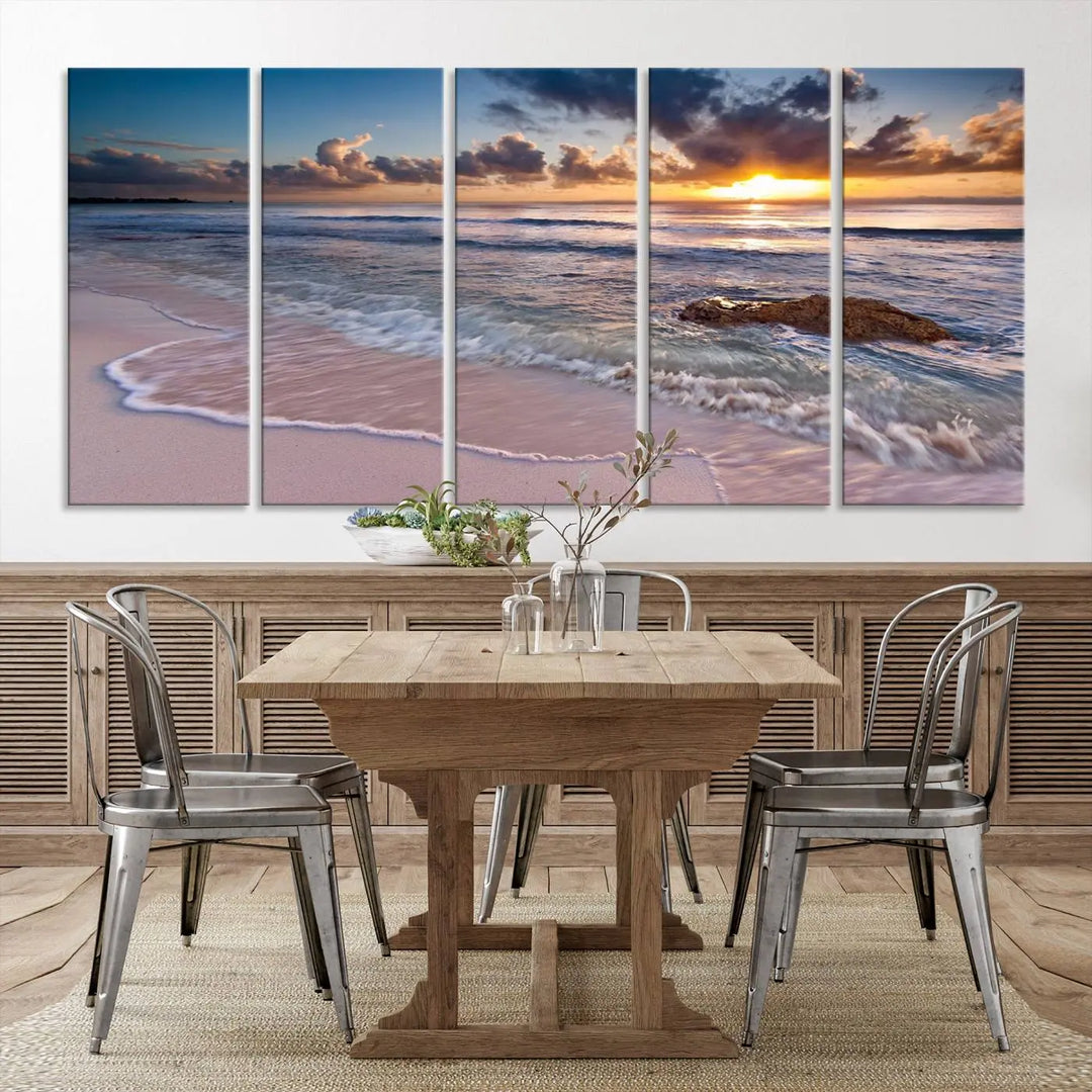 The modern living room is highlighted by a Sea Ocean Sunset Beach Wall Art Canvas Print on the wall, adding a serene coastal touch to the space.