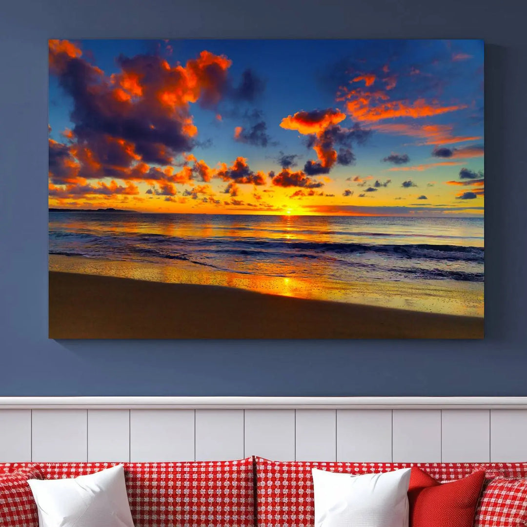 Three-panel Sea Ocean Sunset Beach Wall Art Canvas Print showcasing a vibrant ocean sunset.