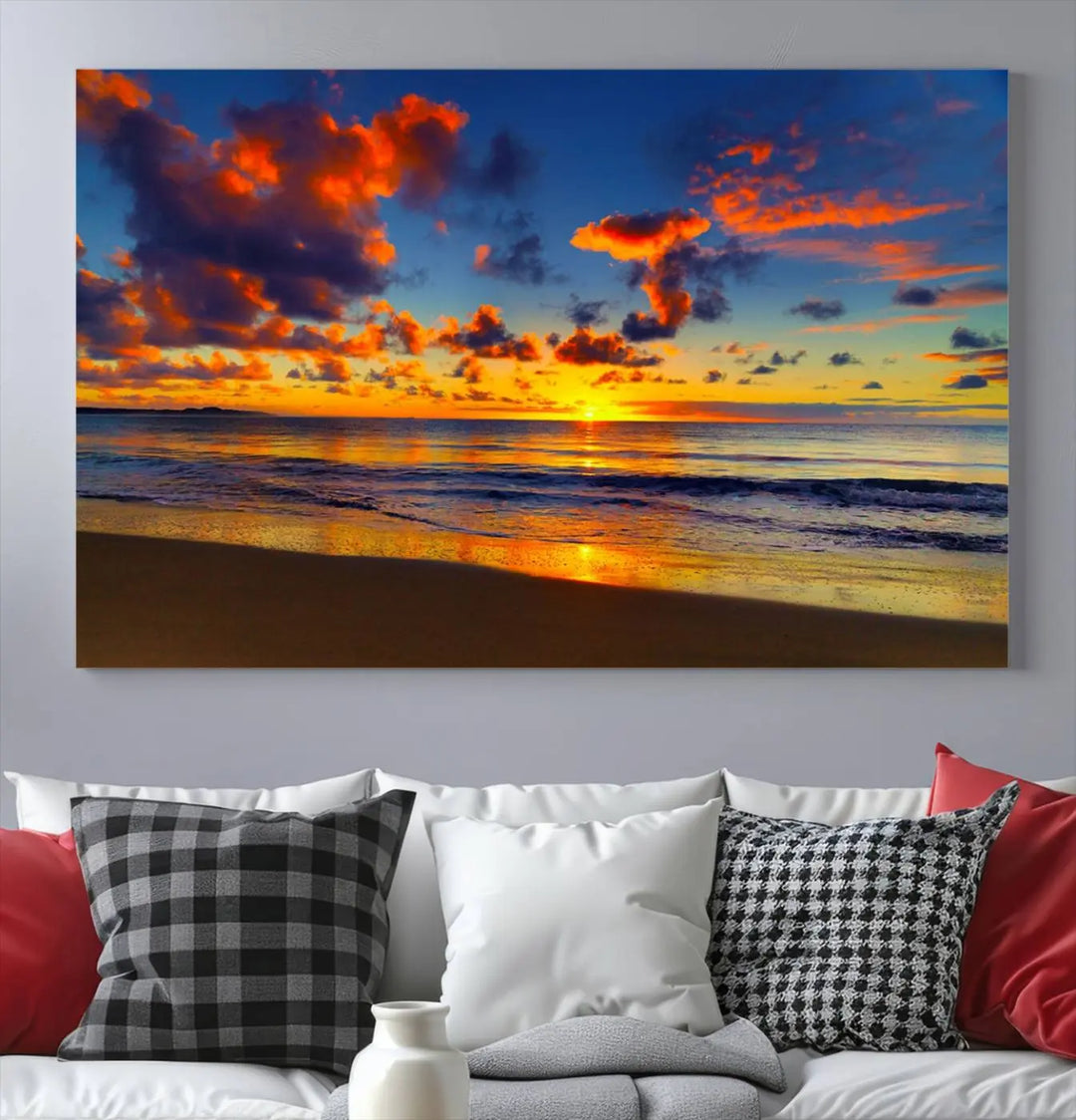 Three-panel Sea Ocean Sunset Beach Wall Art Canvas Print showcasing a vibrant ocean sunset.