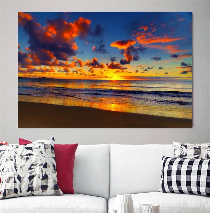 Three-panel Sea Ocean Sunset Beach Wall Art Canvas Print showcasing a vibrant ocean sunset.