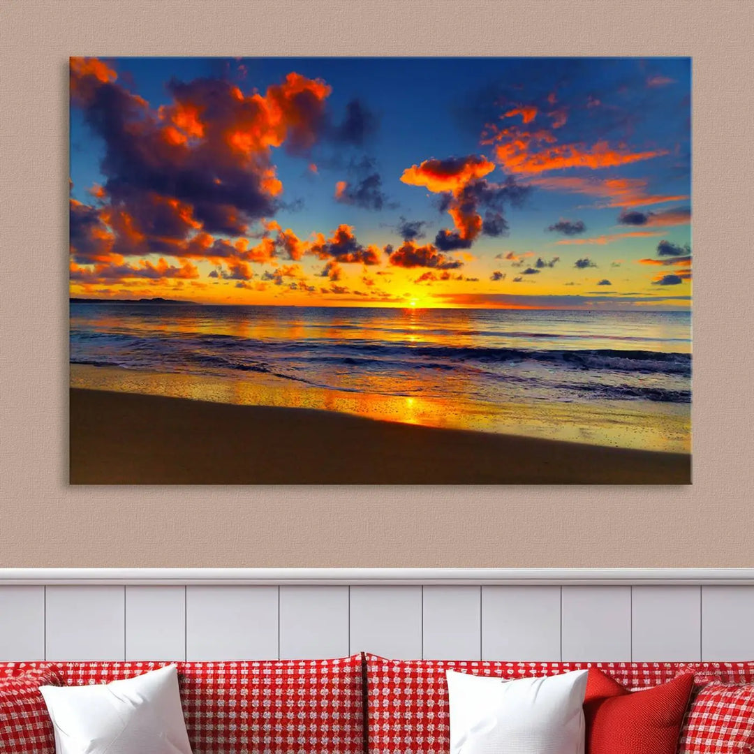 Three-panel Sea Ocean Sunset Beach Wall Art Canvas Print showcasing a vibrant ocean sunset.