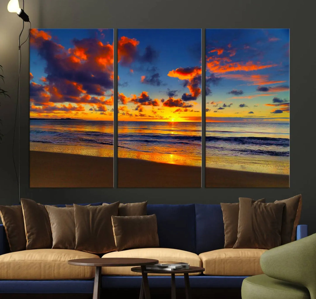 Three-panel Sea Ocean Sunset Beach Wall Art Canvas Print showcasing a vibrant ocean sunset.