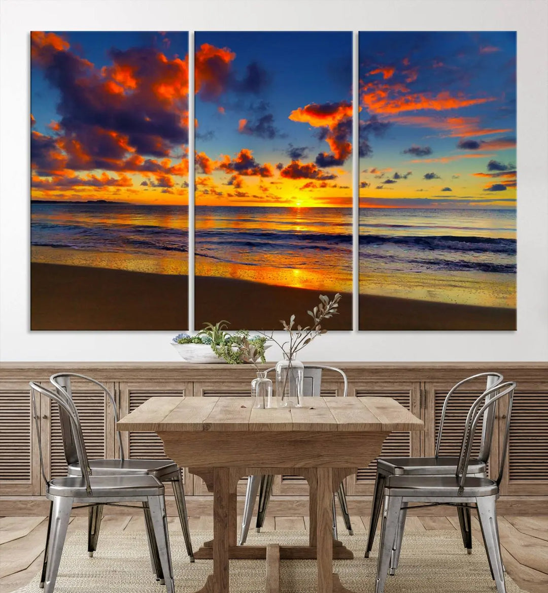 Three-panel Sea Ocean Sunset Beach Wall Art Canvas Print showcasing a vibrant ocean sunset.