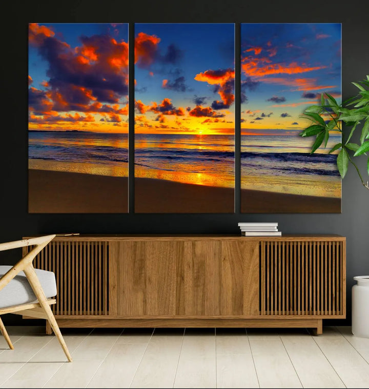 Three-panel Sea Ocean Sunset Beach Wall Art Canvas Print showcasing a vibrant ocean sunset.