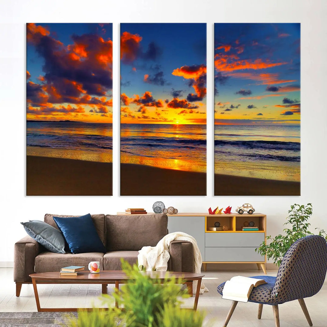 Three-panel Sea Ocean Sunset Beach Wall Art Canvas Print showcasing a vibrant ocean sunset.