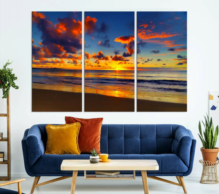 Three-panel Sea Ocean Sunset Beach Wall Art Canvas Print showcasing a vibrant ocean sunset.