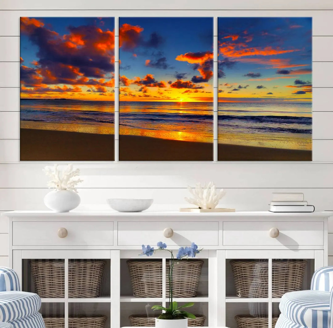 Three-panel Sea Ocean Sunset Beach Wall Art Canvas Print showcasing a vibrant ocean sunset.