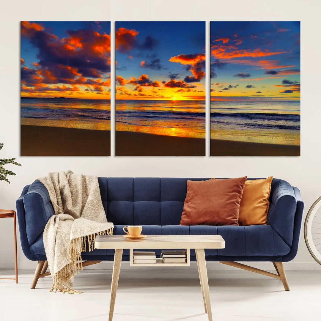 Three-panel Sea Ocean Sunset Beach Wall Art Canvas Print showcasing a vibrant ocean sunset.