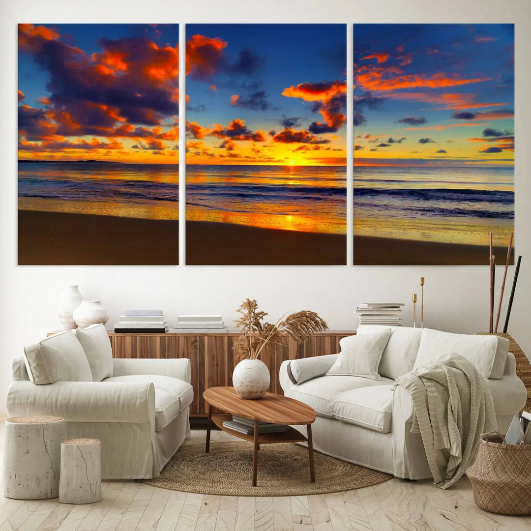 Three-panel Sea Ocean Sunset Beach Wall Art Canvas Print showcasing a vibrant ocean sunset.