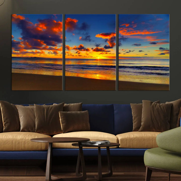 Three-panel Sea Ocean Sunset Beach Wall Art Canvas Print showcasing a vibrant ocean sunset.