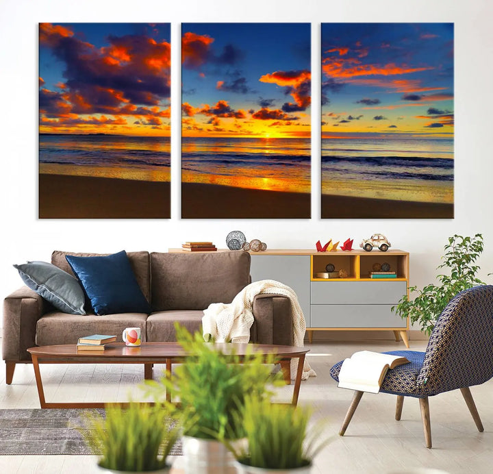 Three-panel Sea Ocean Sunset Beach Wall Art Canvas Print showcasing a vibrant ocean sunset.