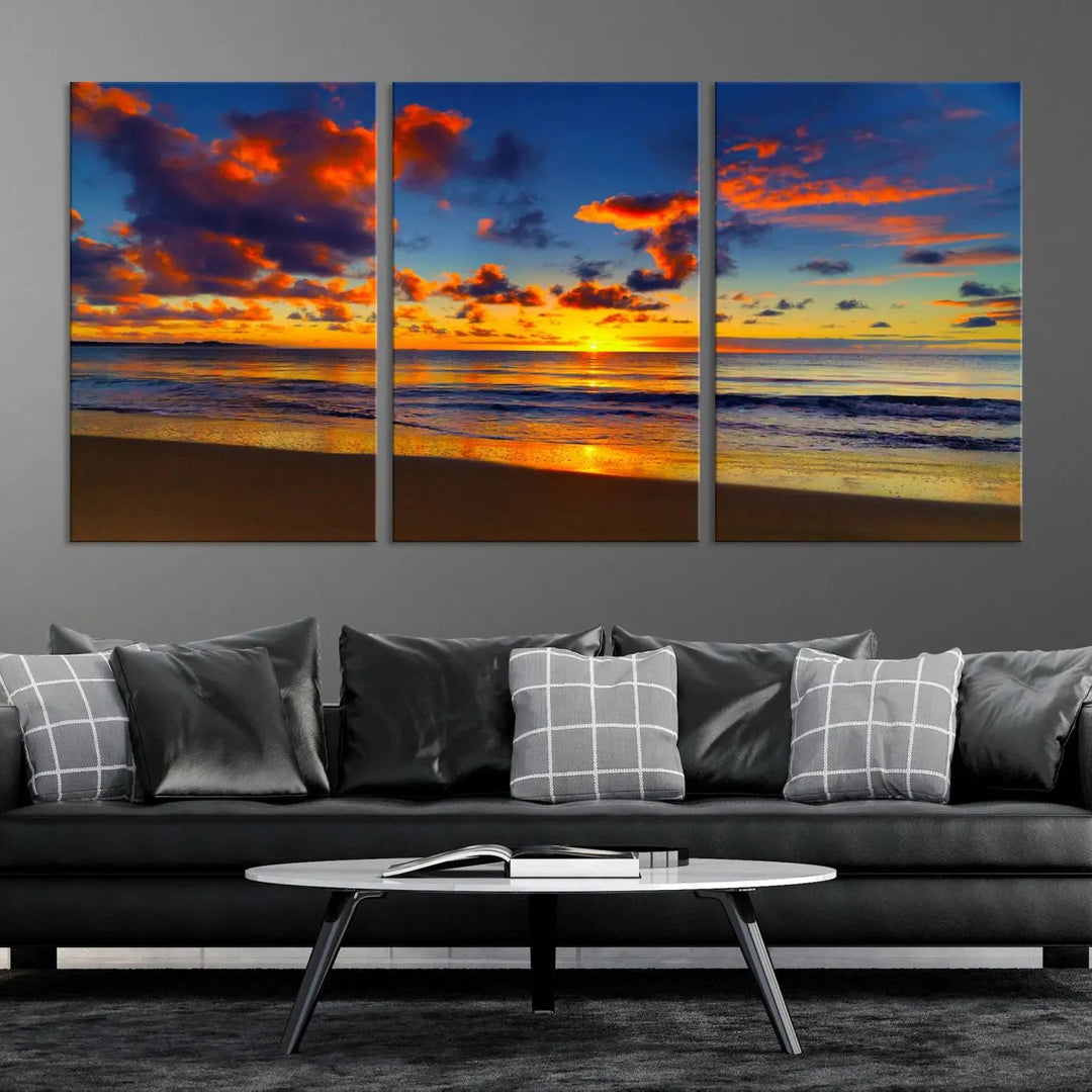 Three-panel Sea Ocean Sunset Beach Wall Art Canvas Print showcasing a vibrant ocean sunset.