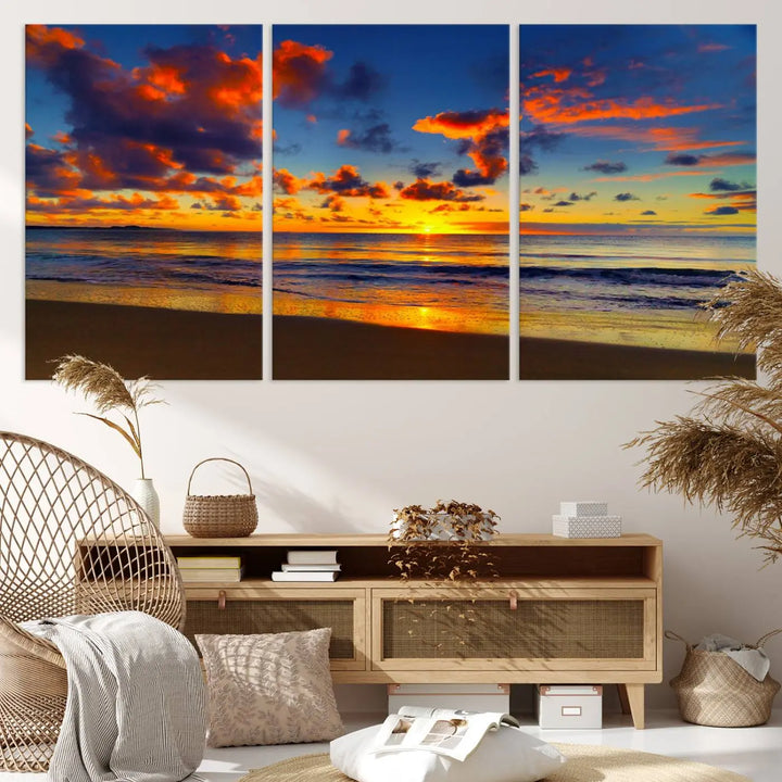 Three-panel Sea Ocean Sunset Beach Wall Art Canvas Print showcasing a vibrant ocean sunset.