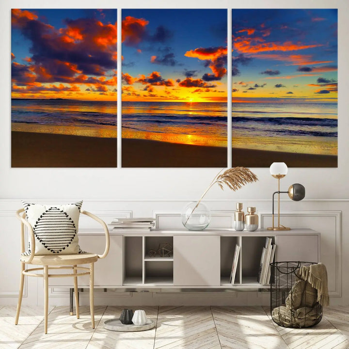 Three-panel Sea Ocean Sunset Beach Wall Art Canvas Print showcasing a vibrant ocean sunset.