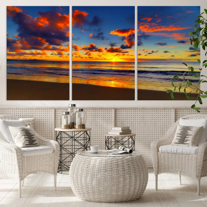 Three-panel Sea Ocean Sunset Beach Wall Art Canvas Print showcasing a vibrant ocean sunset.