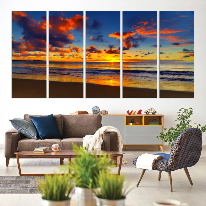 Three-panel Sea Ocean Sunset Beach Wall Art Canvas Print showcasing a vibrant ocean sunset.