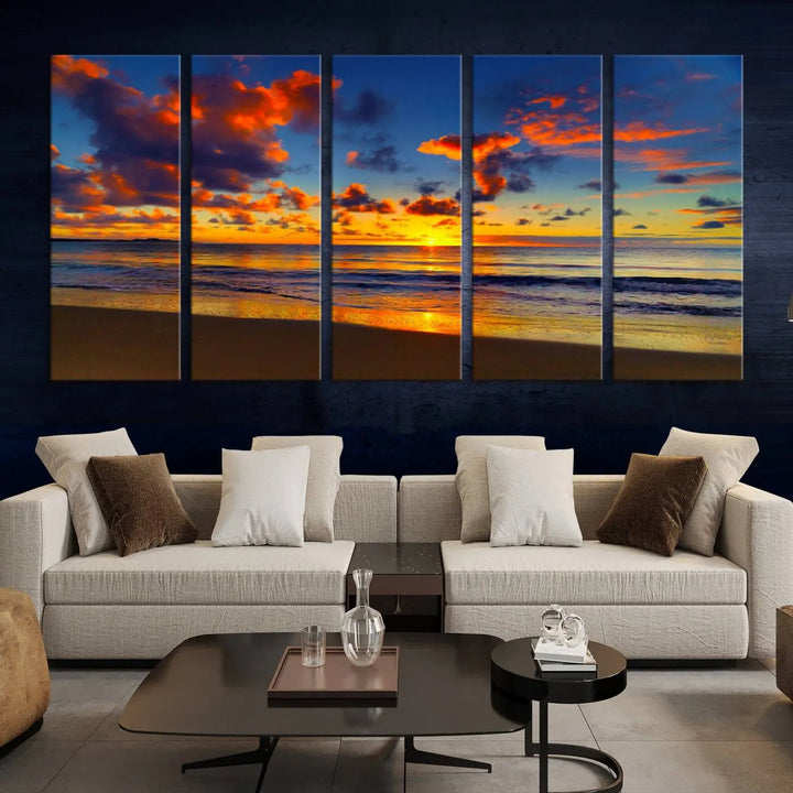 Three-panel Sea Ocean Sunset Beach Wall Art Canvas Print showcasing a vibrant ocean sunset.